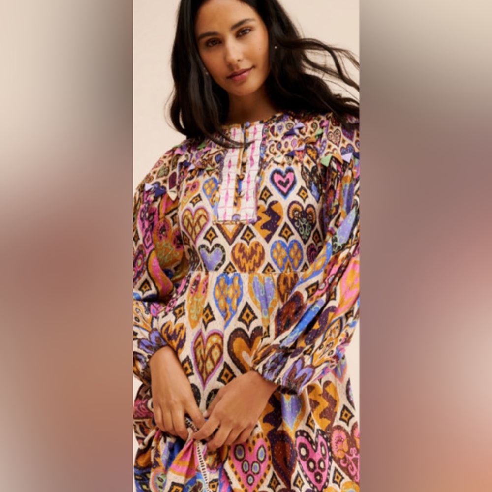 FARM Rio Multicolor Heart Pattern Midi Dress